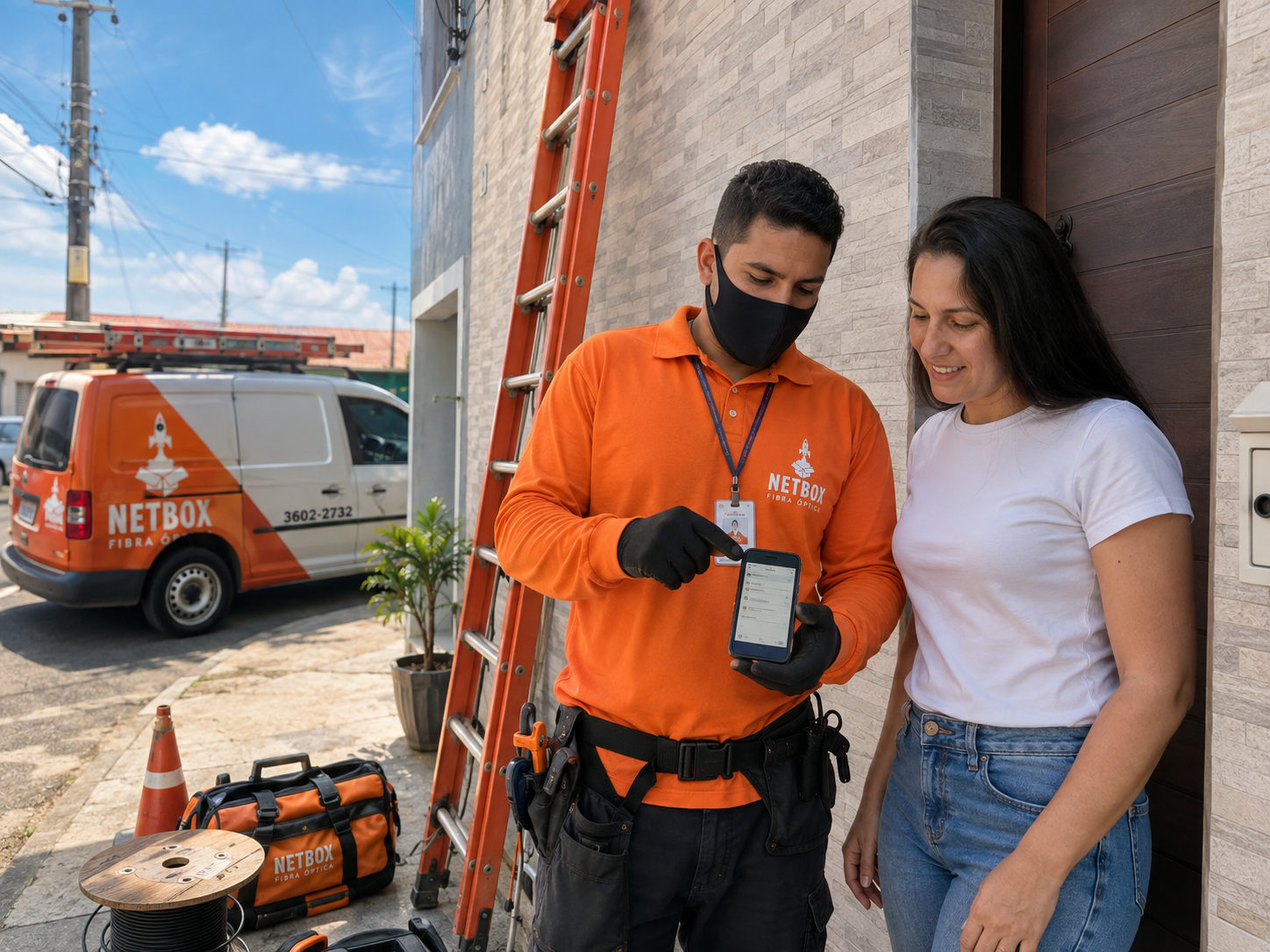 Técnico instalando fibra óptica em uma residência